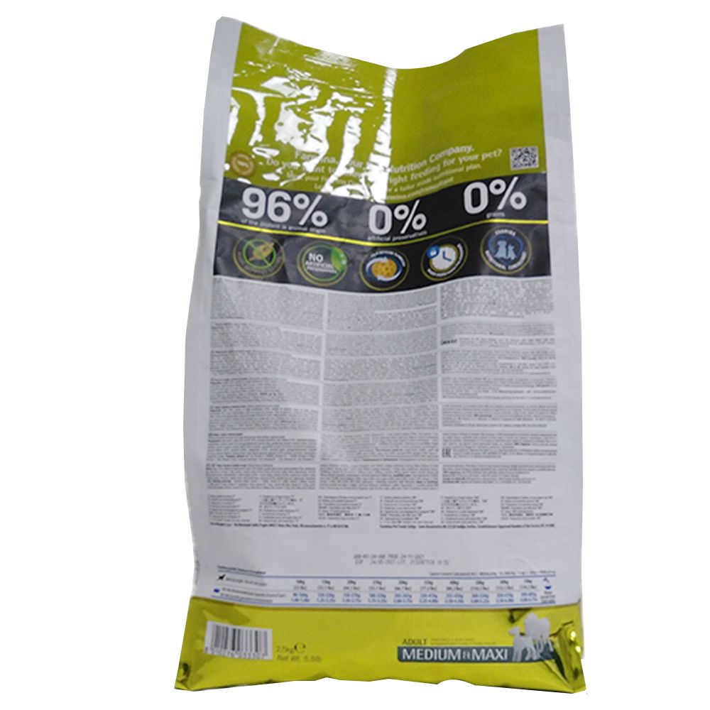 Rückseite der Trockenfutter-Verpackung. Text mit Nährwertangaben. Logo: Farmina. Angaben: 96%, 0%, 0%.