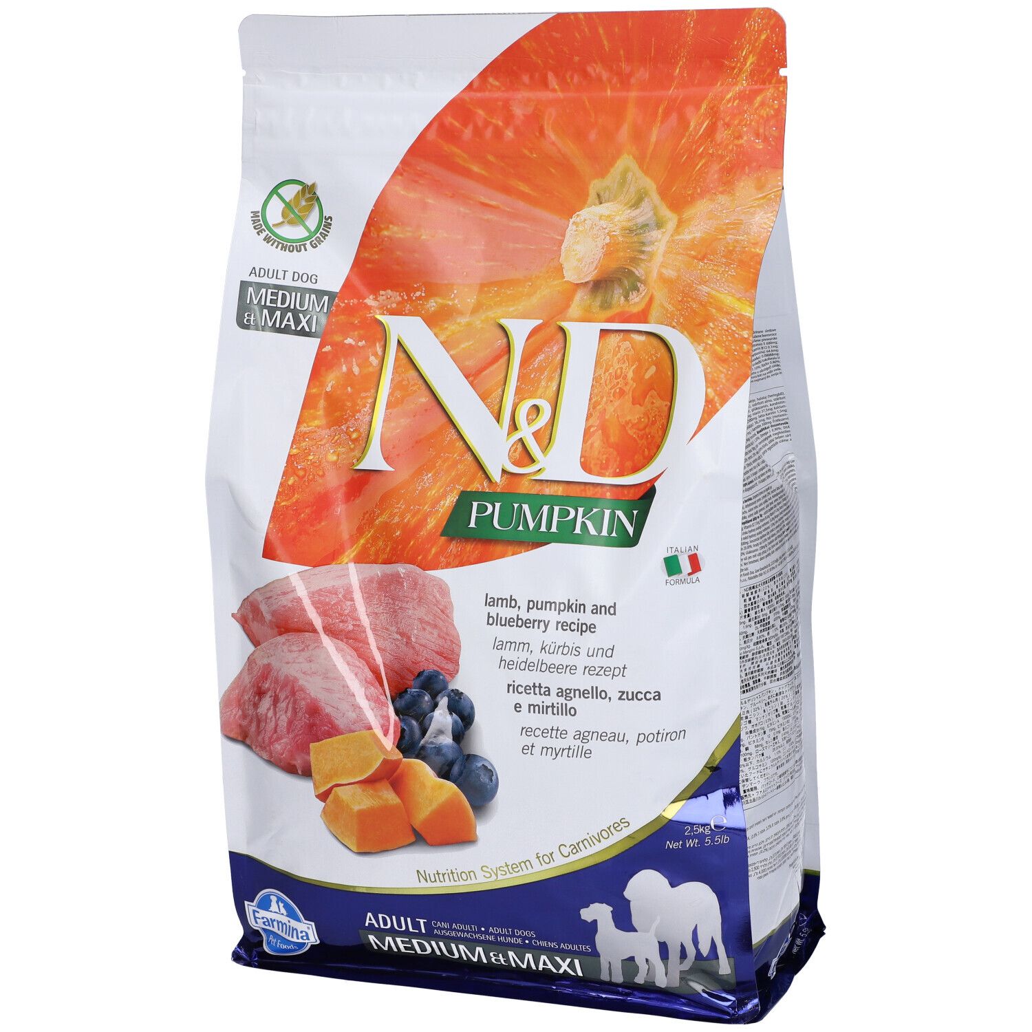 Trockenfutter-Beutel mit N&D Pumpkin-Logo. Abbildung von Lamm, Kürbis und Heidelbeeren. Text in Deutsch, Italienisch und Englisch.