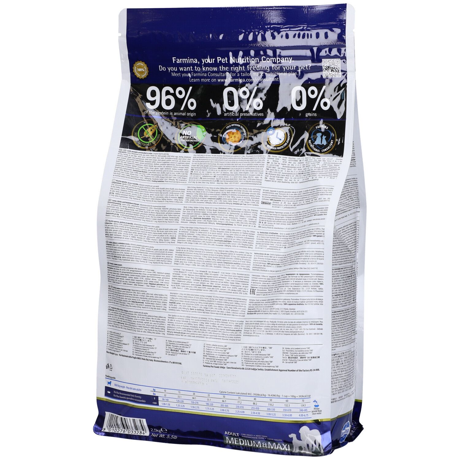 Rückseite des Trockenfutter-Beutels. Textinformationen und Logos. Prozentsatzangaben: 96%, 0%, 0%.