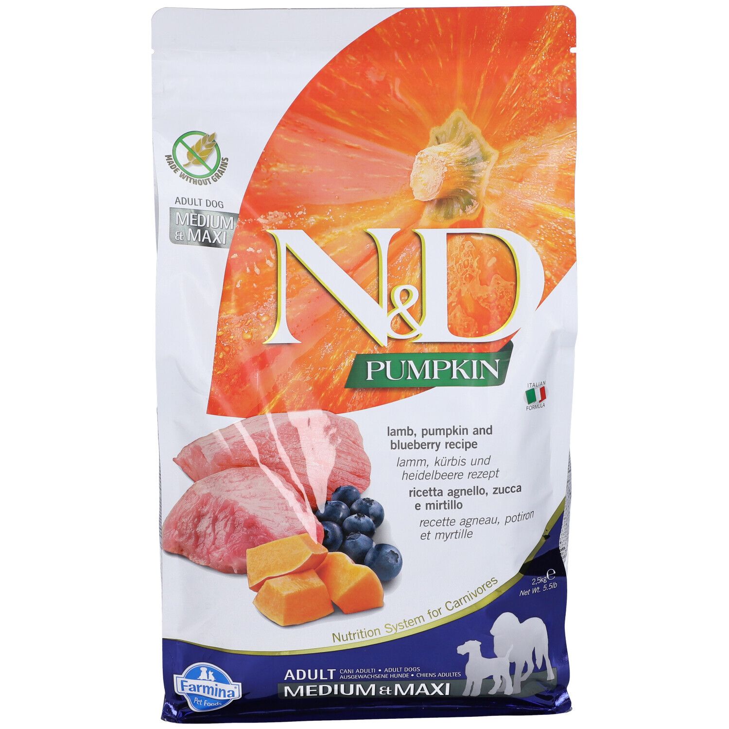 Trockenfutter-Beutel mit N&D Pumpkin-Logo. Abbildung von Lamm, Kürbis und Heidelbeeren. Text in Deutsch, Italienisch und Englisch.