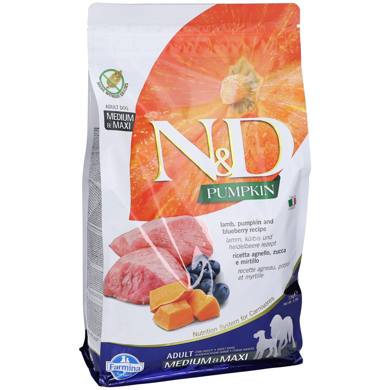 Trockenfutter-Beutel mit N&D Pumpkin-Logo. Abbildung von Lamm, Kürbis und Heidelbeeren. Text in Deutsch, Italienisch und Englisch.