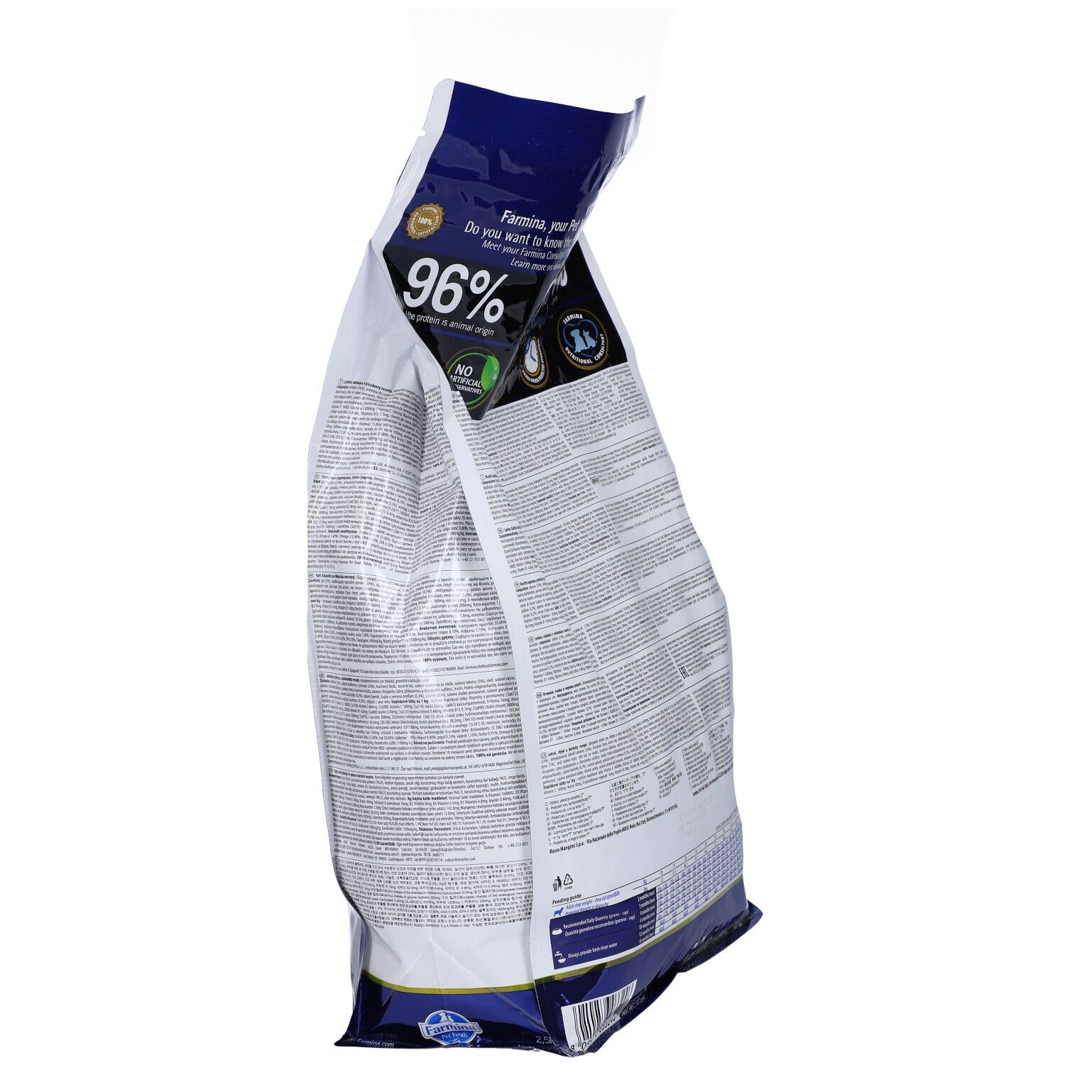 Seitenansicht der Trockenfutter-Verpackung. Text und Diagramme. Angaben zu Nährwerten und Inhaltsstoffen.