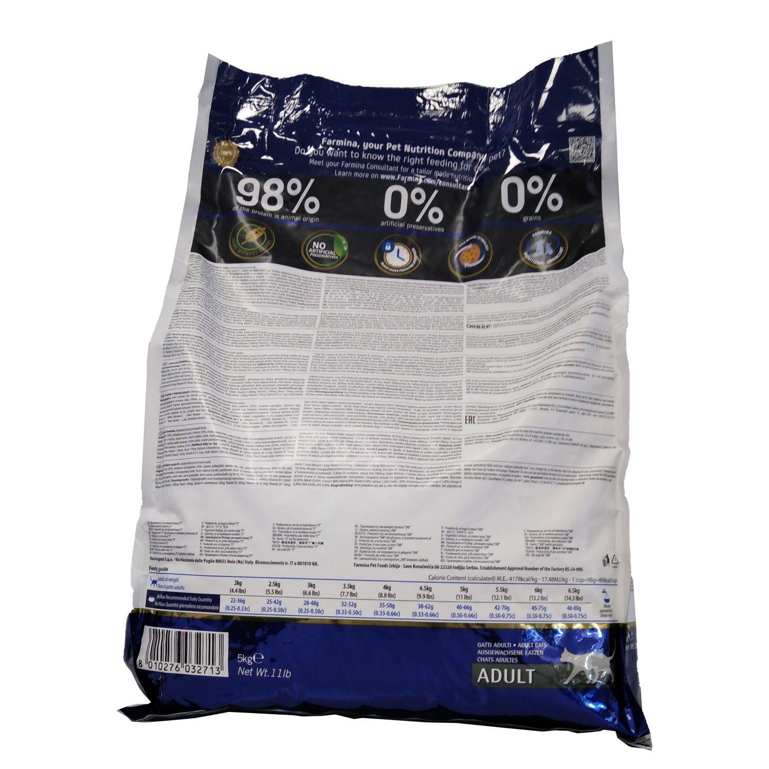 Rückseite des Trockenfutterbeutels. Text: N&D Prime. Angaben zu Nährwerten. Tabelle mit Fütterungsempfehlungen.