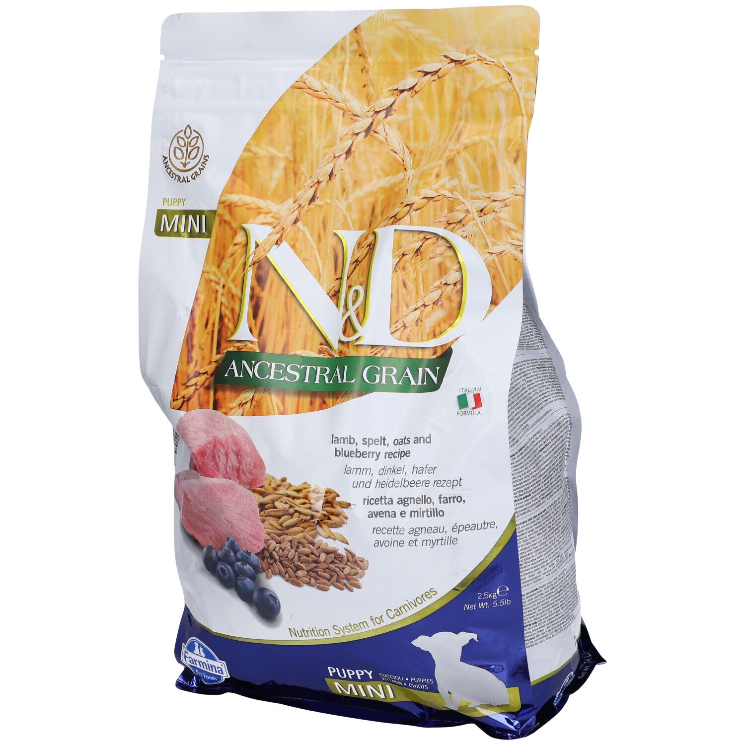 Verpackung Trockenfutter. Aufschrift: N&D Ancestral Grain, Mini, Puppy. Abbildung von Lamm, Blaubeeren und Getreide.