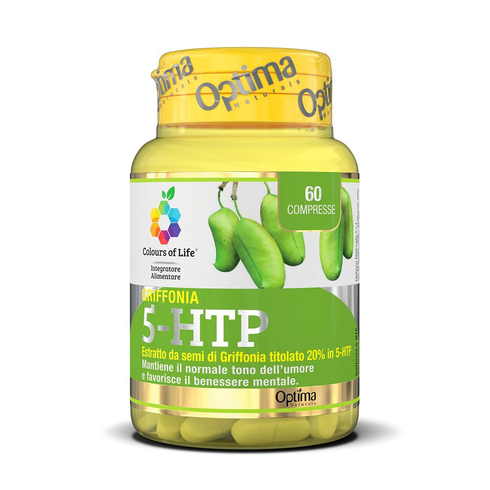 Grüner Behälter mit 60 Kapseln, "Colours of Life Griffonia 5-HTP" Aufschrift und Abbildung von Griffonia-Samen.