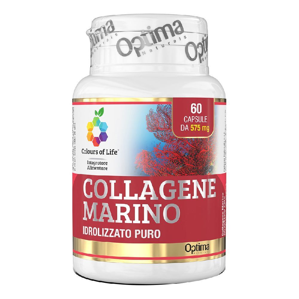 Weißes Fläschchen mit Kapseln. Aufschrift: COLLAGENE MARINO IDROLIZZATO PURO. Logo: Farben des Lebens.