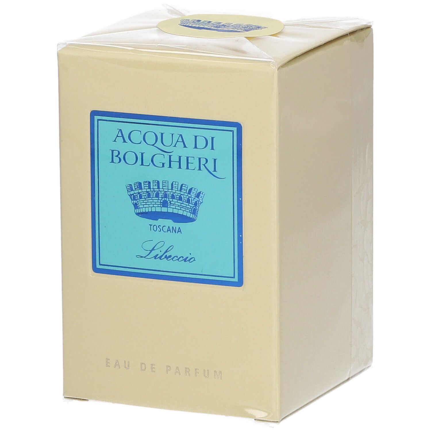 Beige rechteckige Schachtel mit blauem Etikett. Auf dem Etikett steht "ACQUA DI BOLGHERI Toscana Libeccio". Oben ein runder Aufkleber.