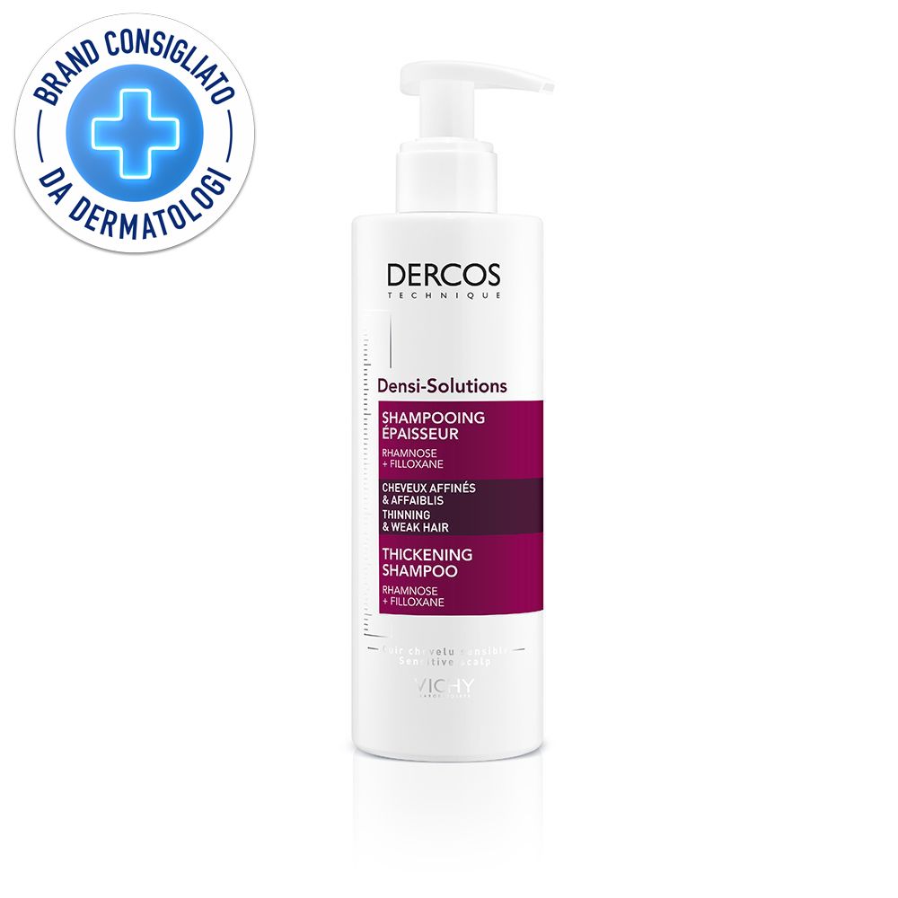 Weiße Flasche mit Pumpspender, Dercos Densi-Solutions Verdickungsshampoo für dünnes Haar.