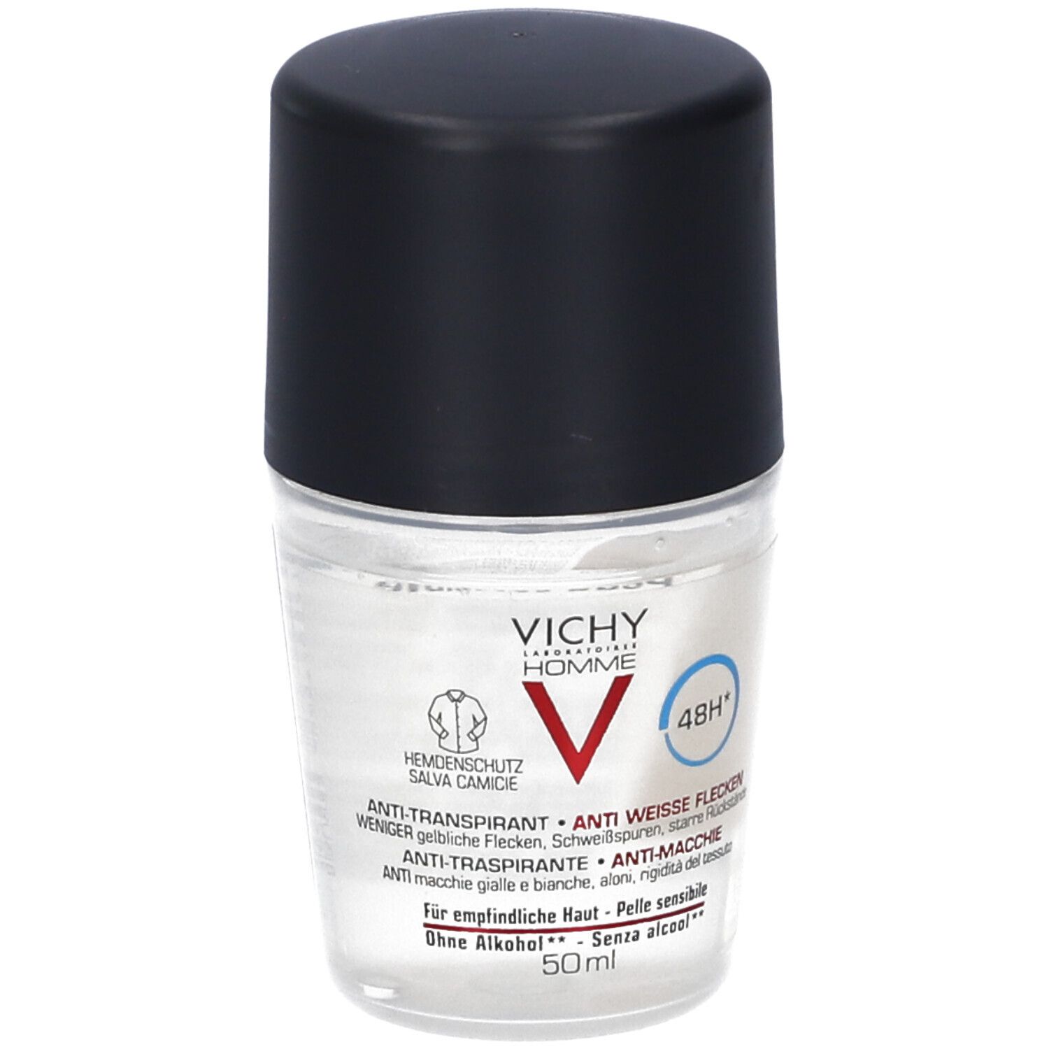 Vichy Homme Roll-on Deodorant, 50ml, transparent mit schwarzem Deckel.