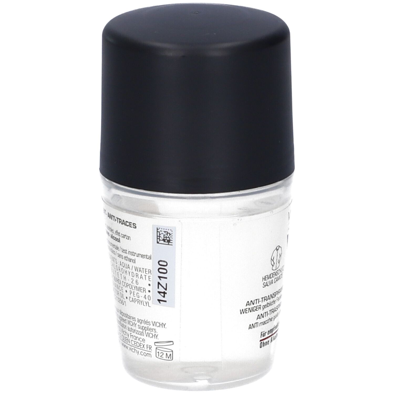 Transparenter Roll-on Deodorant Behälter mit schwarzem Deckel. Enthält Inhaltsstoffe und Produktinformationen.