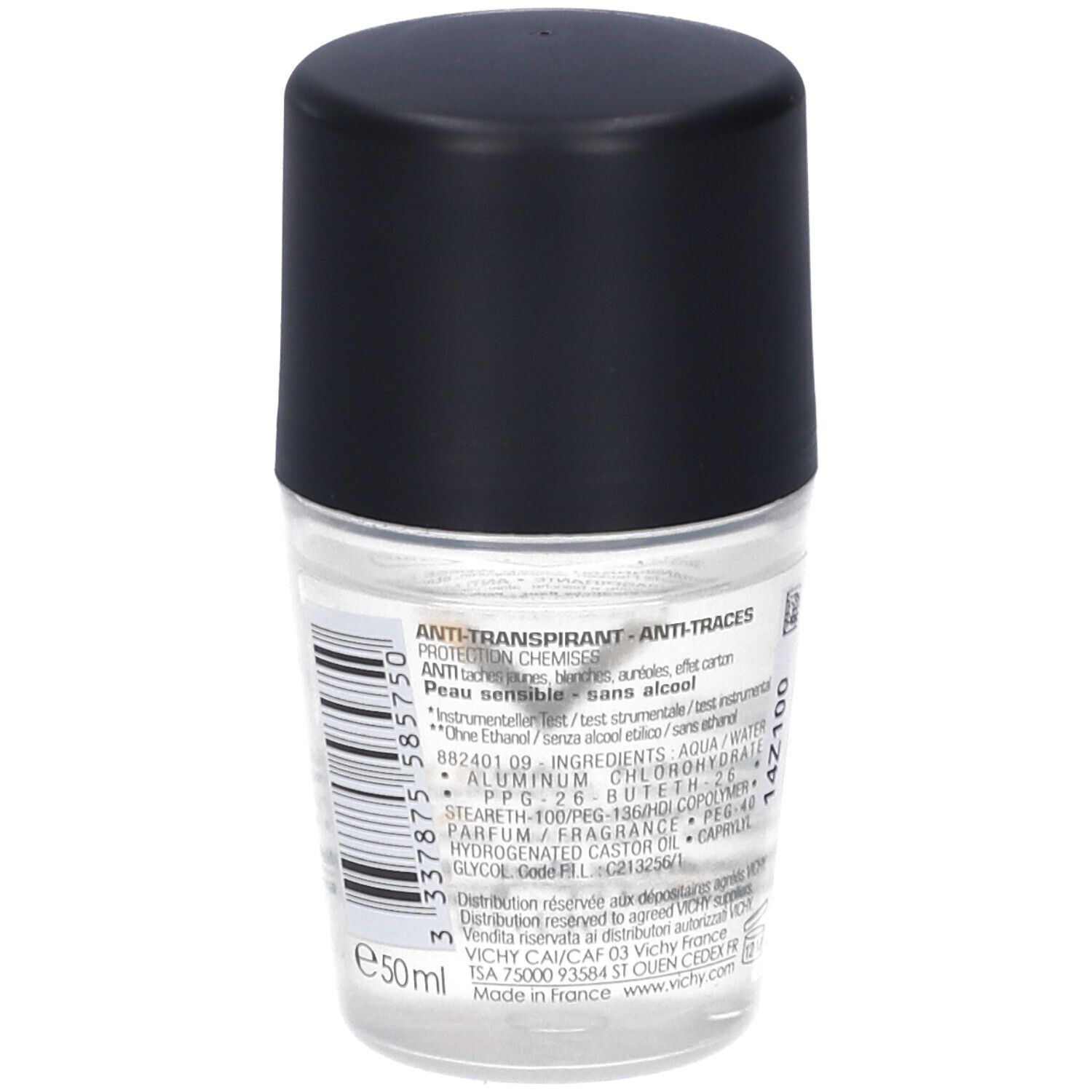 Ein transparenter Roll-on-Deo-Flakon mit schwarzem Deckel. 50ml.