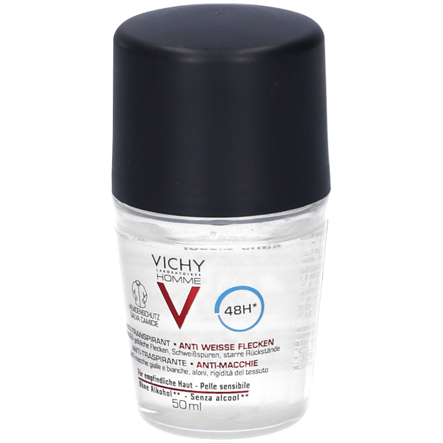 Vichy Homme Roll-on Deodorant, 50ml, mit schwarzem Deckel. Anti-Schweißflecken.