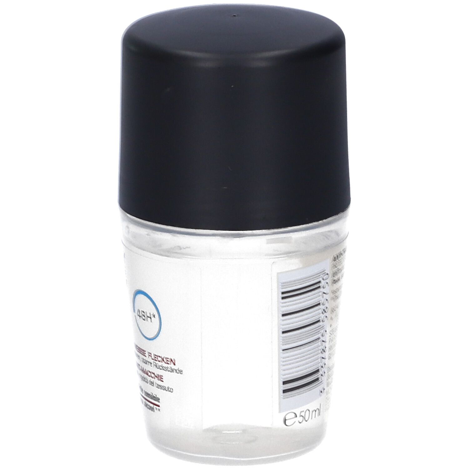 Klarer Roll-on-Deo-Behälter mit schwarzem Deckel. Enthält 50ml.