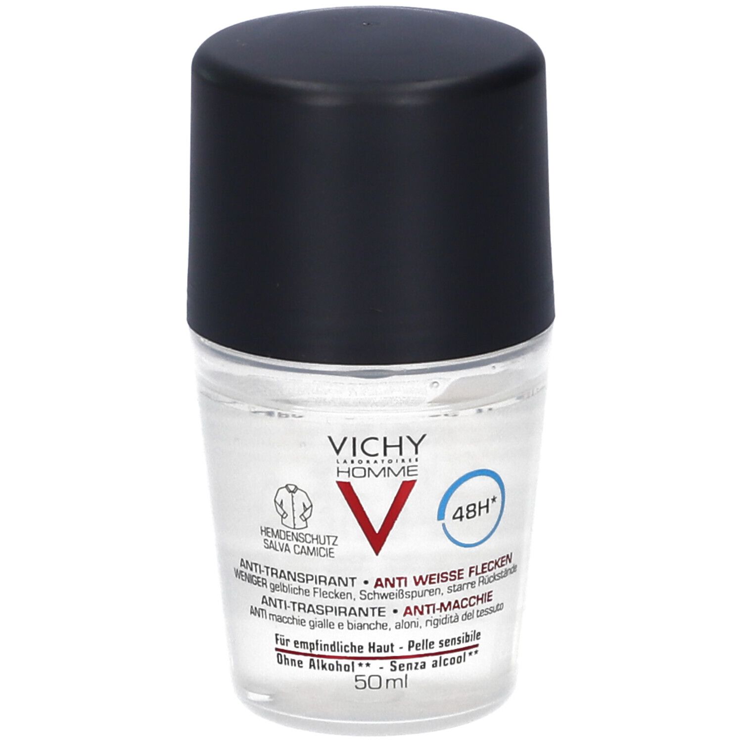 Vichy Homme Roll-On Deodorant, 50ml. Transparente Flüssigkeit in Glasflasche mit schwarzem Deckel. Anti-Transpirant, 48h Schutz.