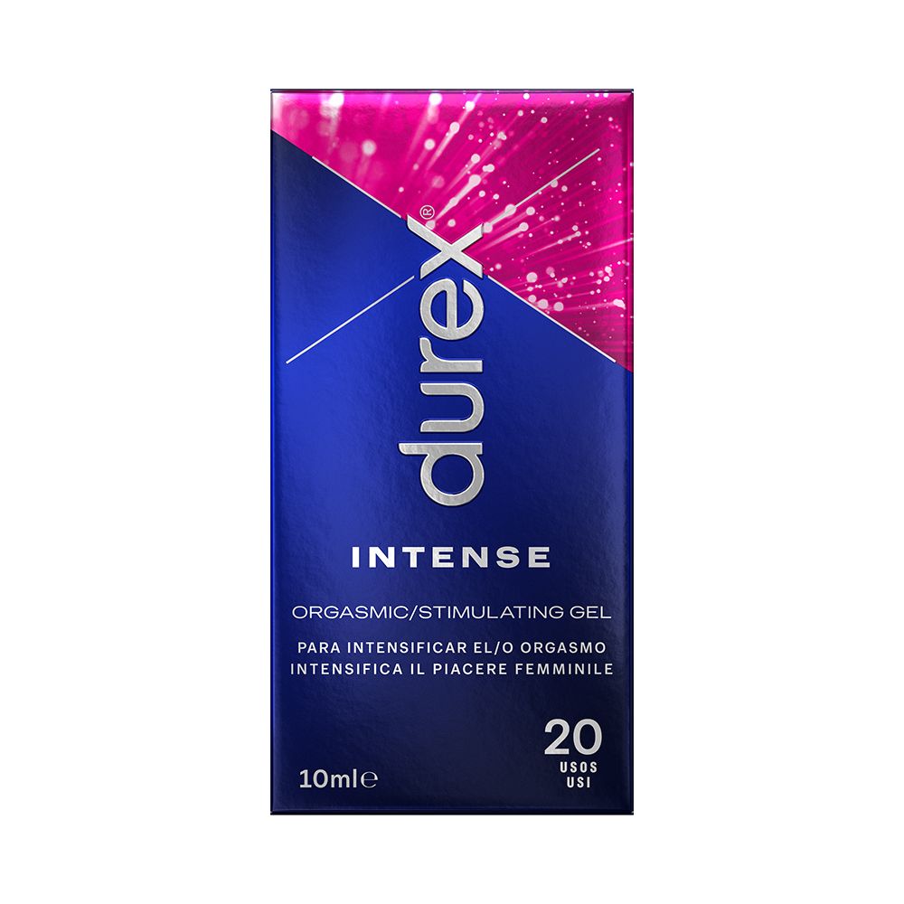 Durex Intense Orgasmic Gel. Verpackung mit Produktnamen und Inhaltsangabe. 20 Anwendungen, 10ml.