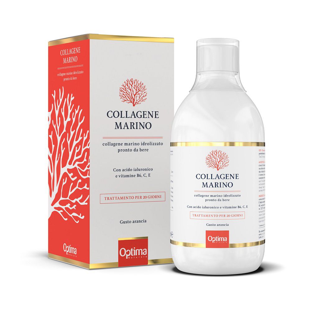 Flasche und Karton mit Meereskollagen, Hyaluronsäure und Vitaminen. Marke: Optima.