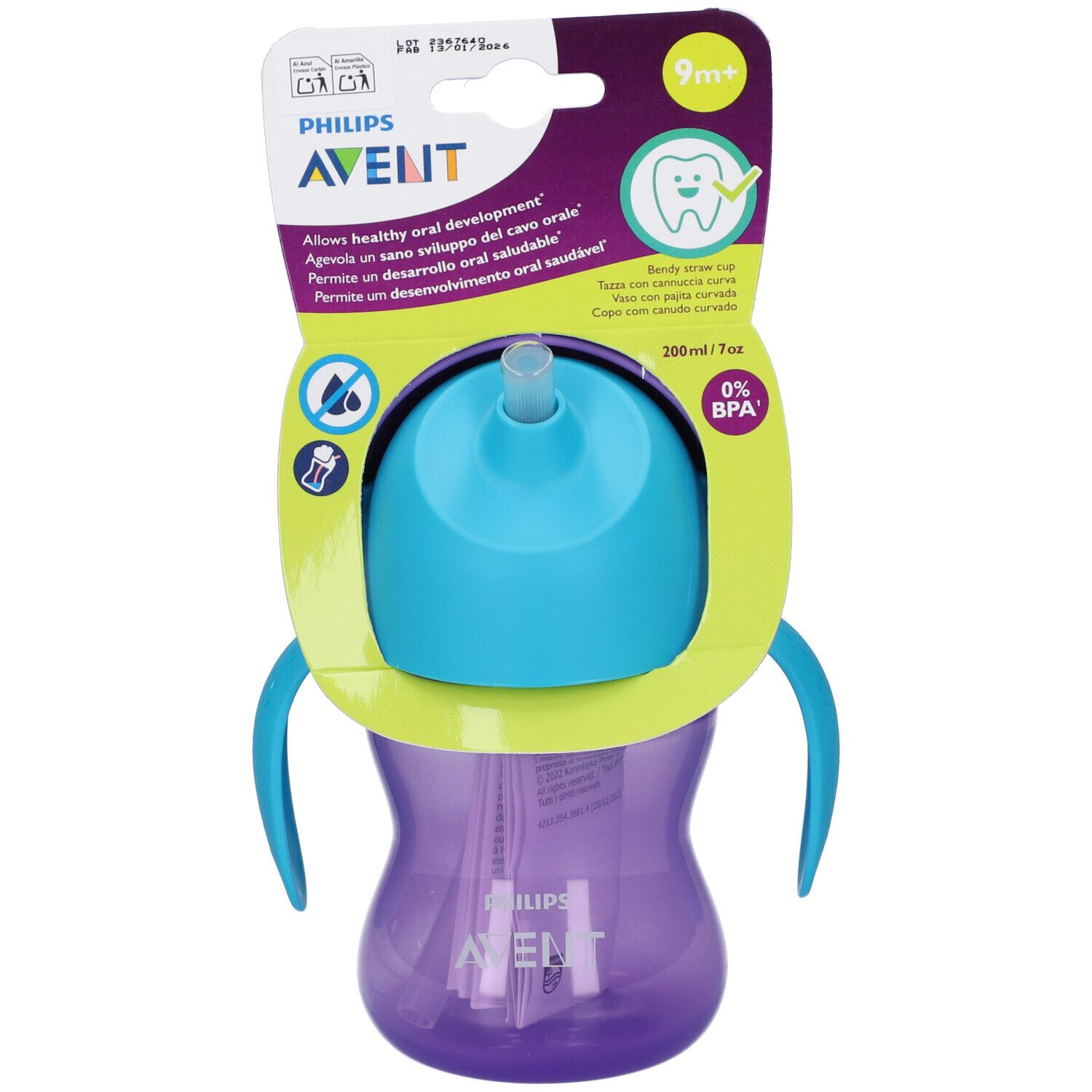 Philips Avent Trinklernflasche mit Strohhalm, 200ml, lila/blau.