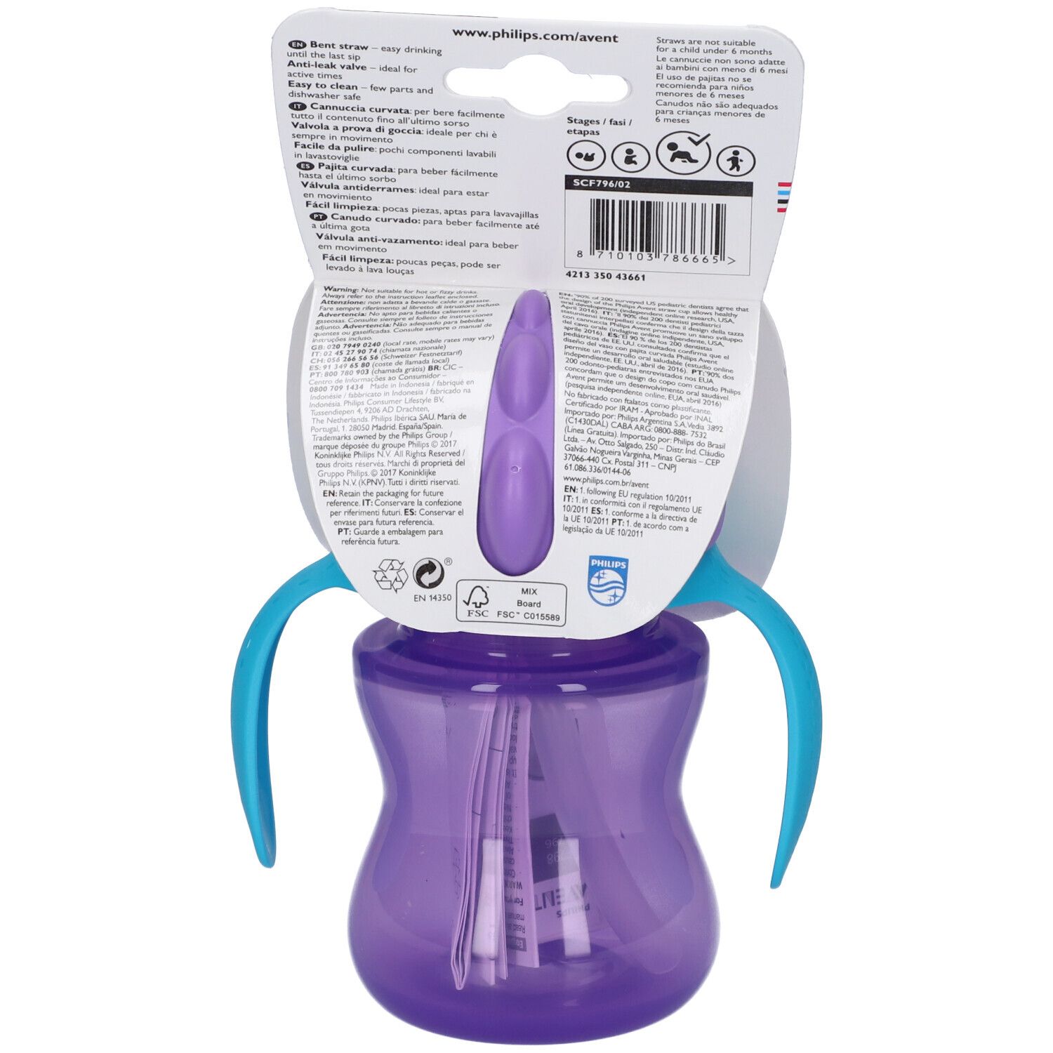 Philips Avent Trinklernbecher, lila mit blauen Griffen und Strohhalm.