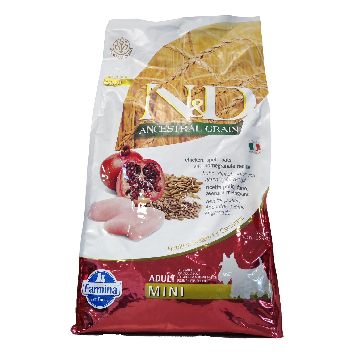 Hundefutter-Beutel. Aufschrift N&D Ancestral Grain, Huhn, Dinkel, Hafer & Granatapfel. Abbildung von Zutaten und Produktlogo.