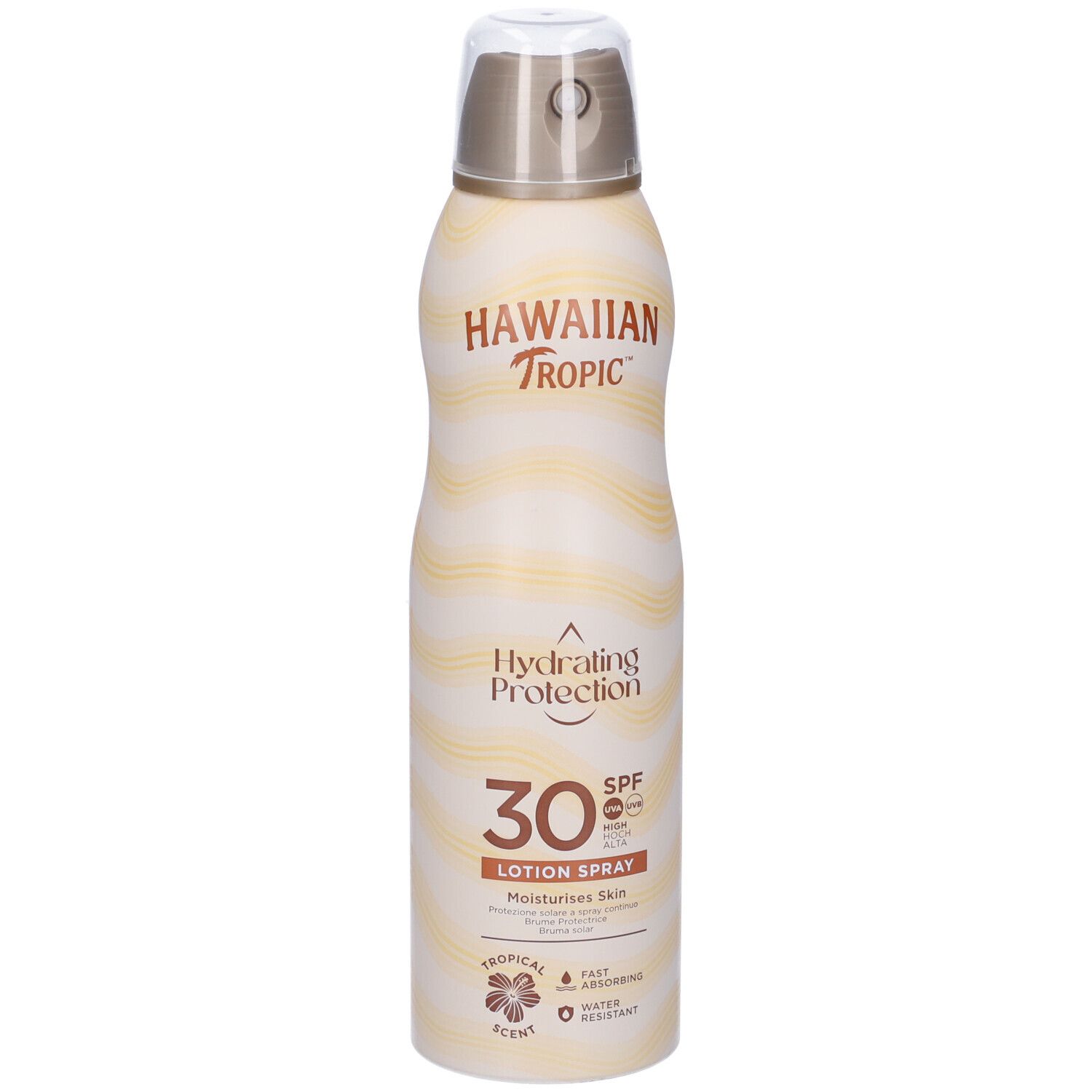 Sonnenspray von Hawaiian Tropic. Weiß-gelbe Flasche mit Sprühkopf. Aufschrift: Hydrating Protection, SPF 30, Lotion Spray.