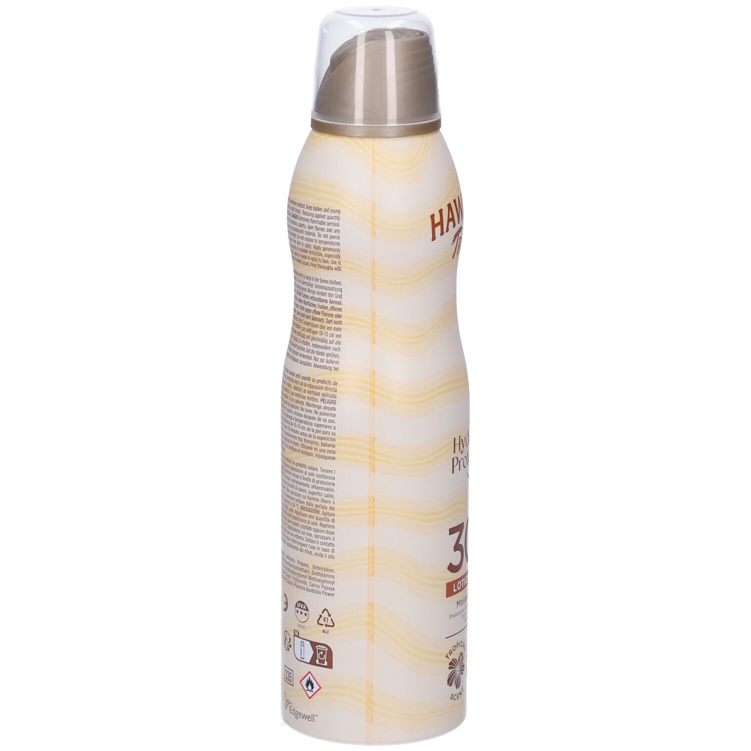 Sonnenschutzspray-Flasche. Beige-gelbes Design mit Text. Sichtbar: SPF 30, Hawaiian Tropic Logo, Silk Hydration. Abgerundete Form, Sprühkopf.