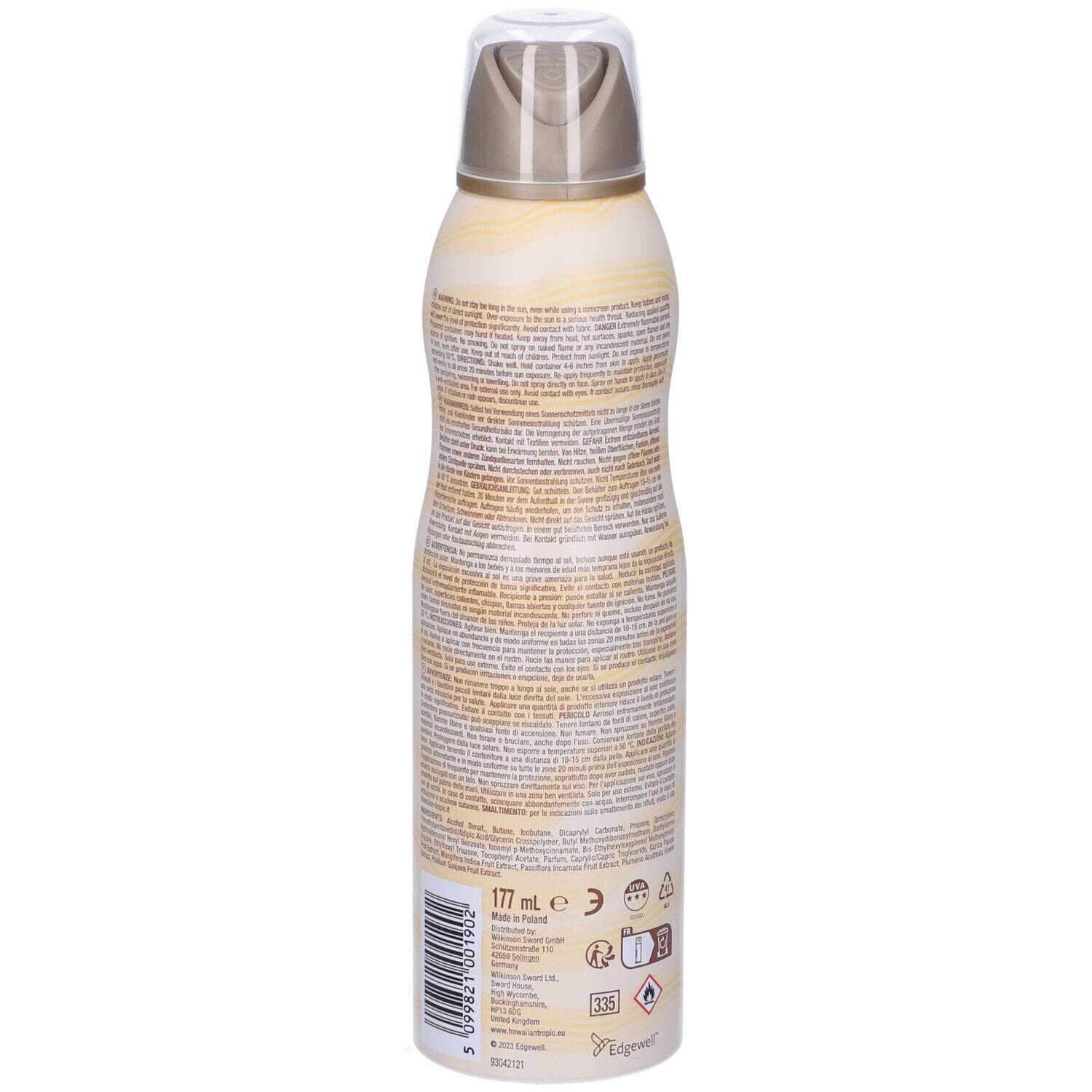 Rückseite der Sonnenschutzspray-Flasche. Beige-gelbes Design mit Text. Enthält Informationen, Barcode und Angaben zur Herstellung. Abgerundete Form.