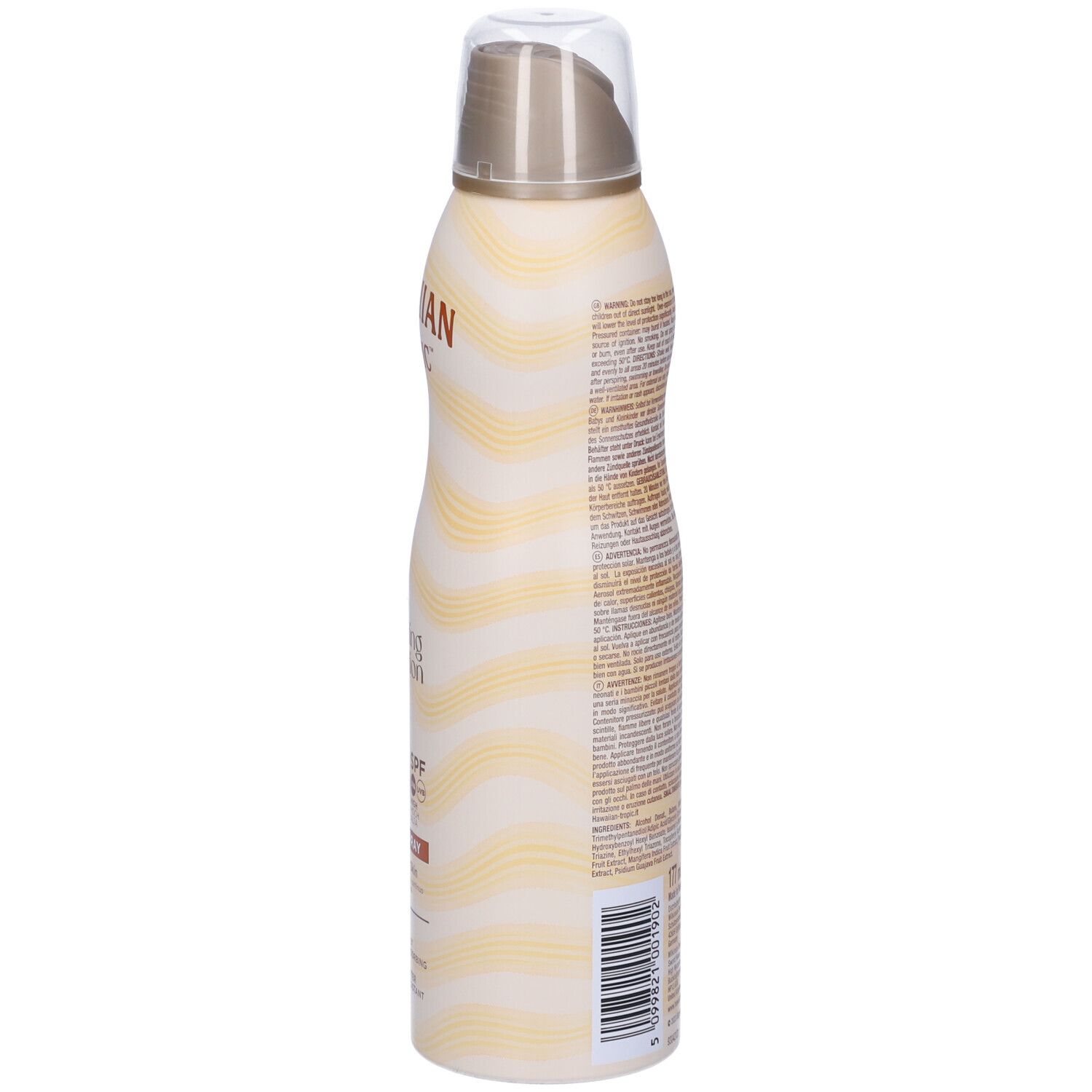 Rückseite der Sonnenspray-Flasche. Text in mehreren Sprachen. Wellenförmiges Muster. Aufschrift: 30 SPF, Lotion Spray, Wasserfest.