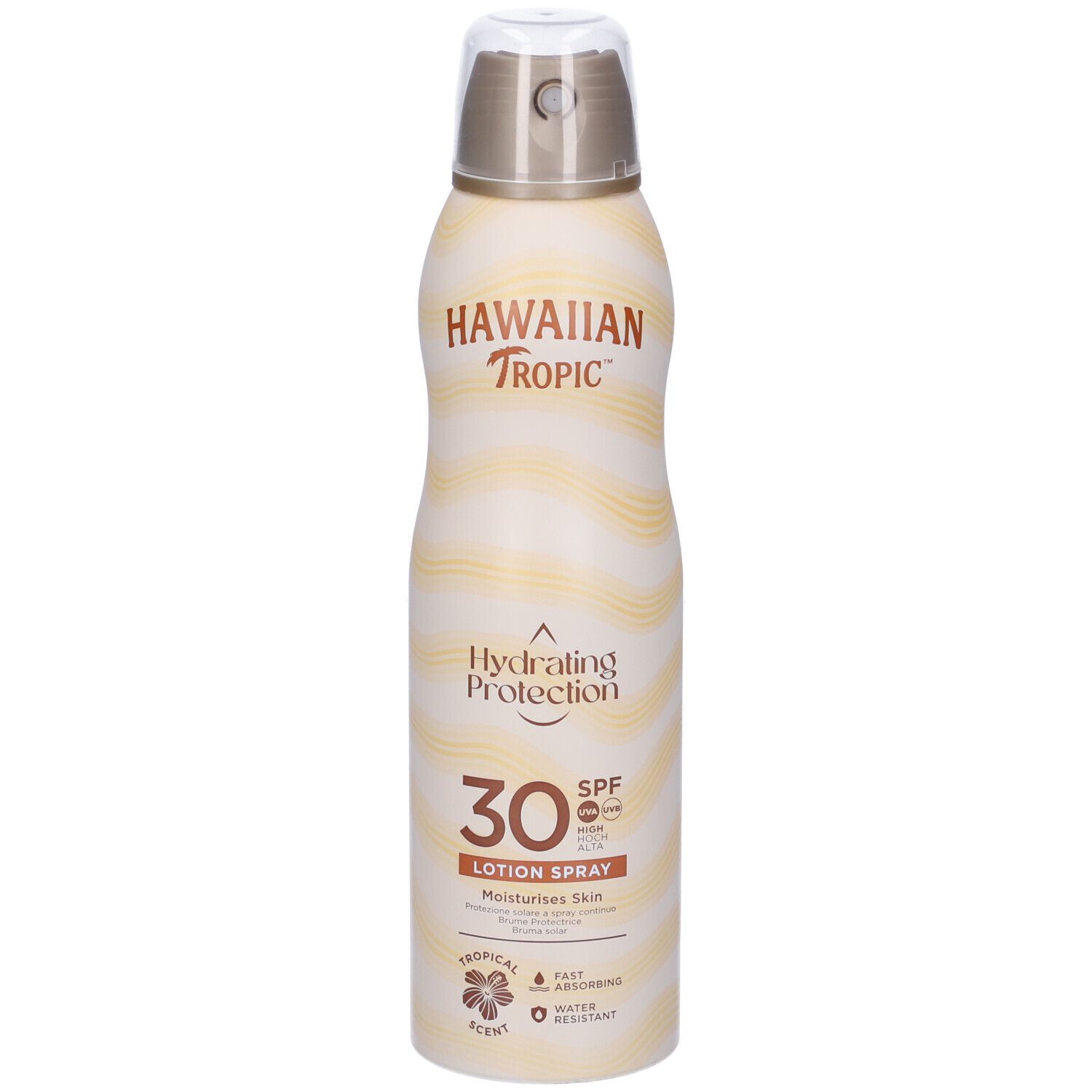 Sonnenspray von Hawaiian Tropic. Weiß-gelbe Flasche mit Sprühkopf. Aufschrift: Hydrating Protection, SPF 30, Lotion Spray.