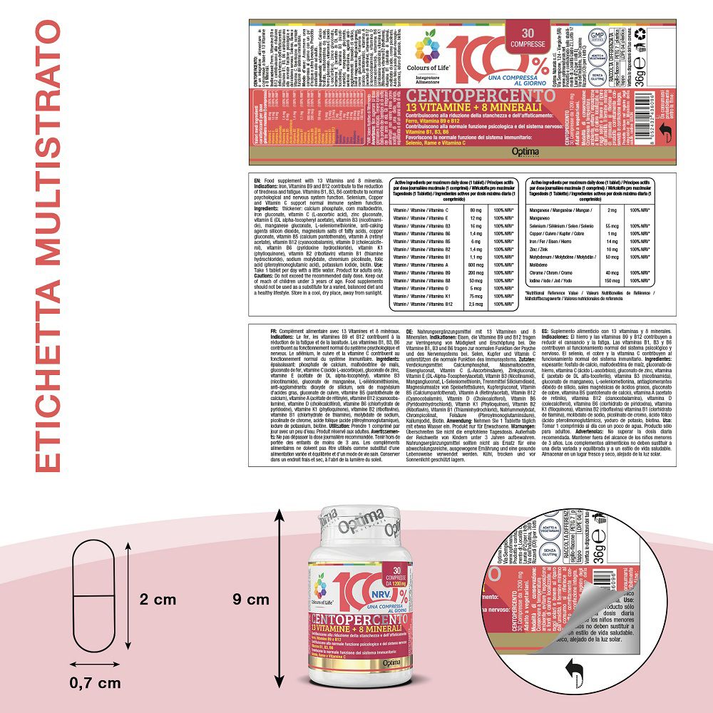 Flasche mit 30 Tabletten, 100% Centopercento, 13 Vitamine + 8 Mineralien. Etikett mit Details.