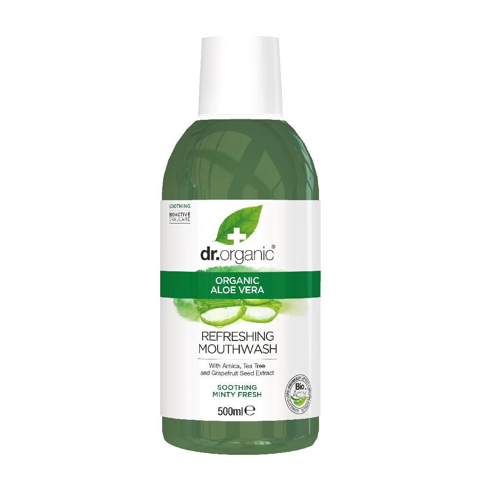 Grüne Flasche mit weißem Deckel. Beschriftung: Dr. Organic, Organic Aloe Vera, Refreshing Mouthwash. 500ml.