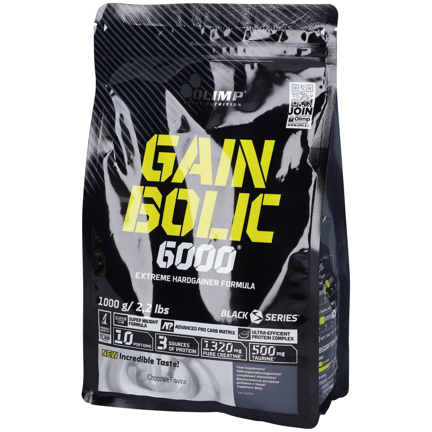Schwarzer Beutel mit gelbem Text. "Gain Bolic 6000" und "Chocolate flavour" sind sichtbar. 1000 g / 2,2 lbs.