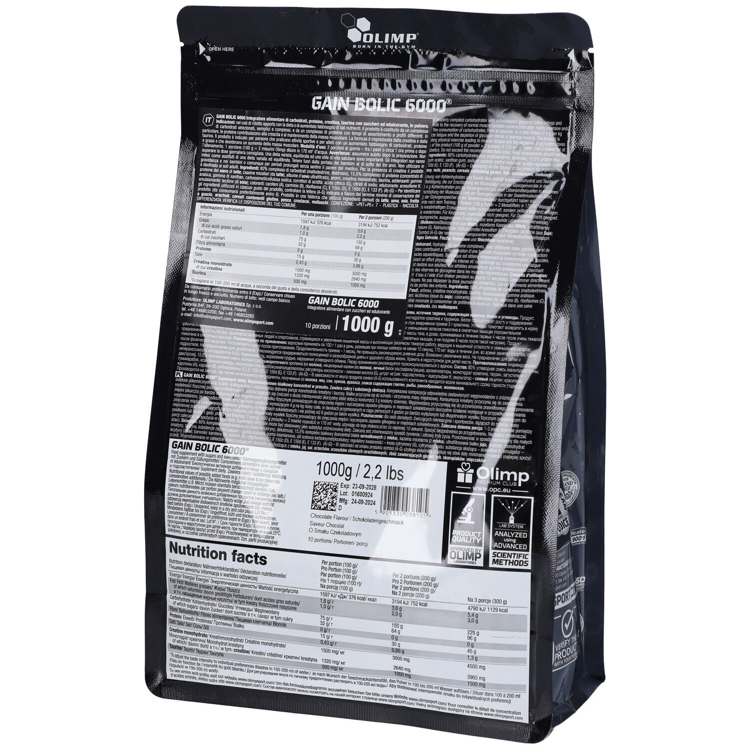 Rückseite des schwarzen Beutels. Text mit Nährwertangaben und Produktinformationen. "Gain Bolic 6000" und 1000 g.