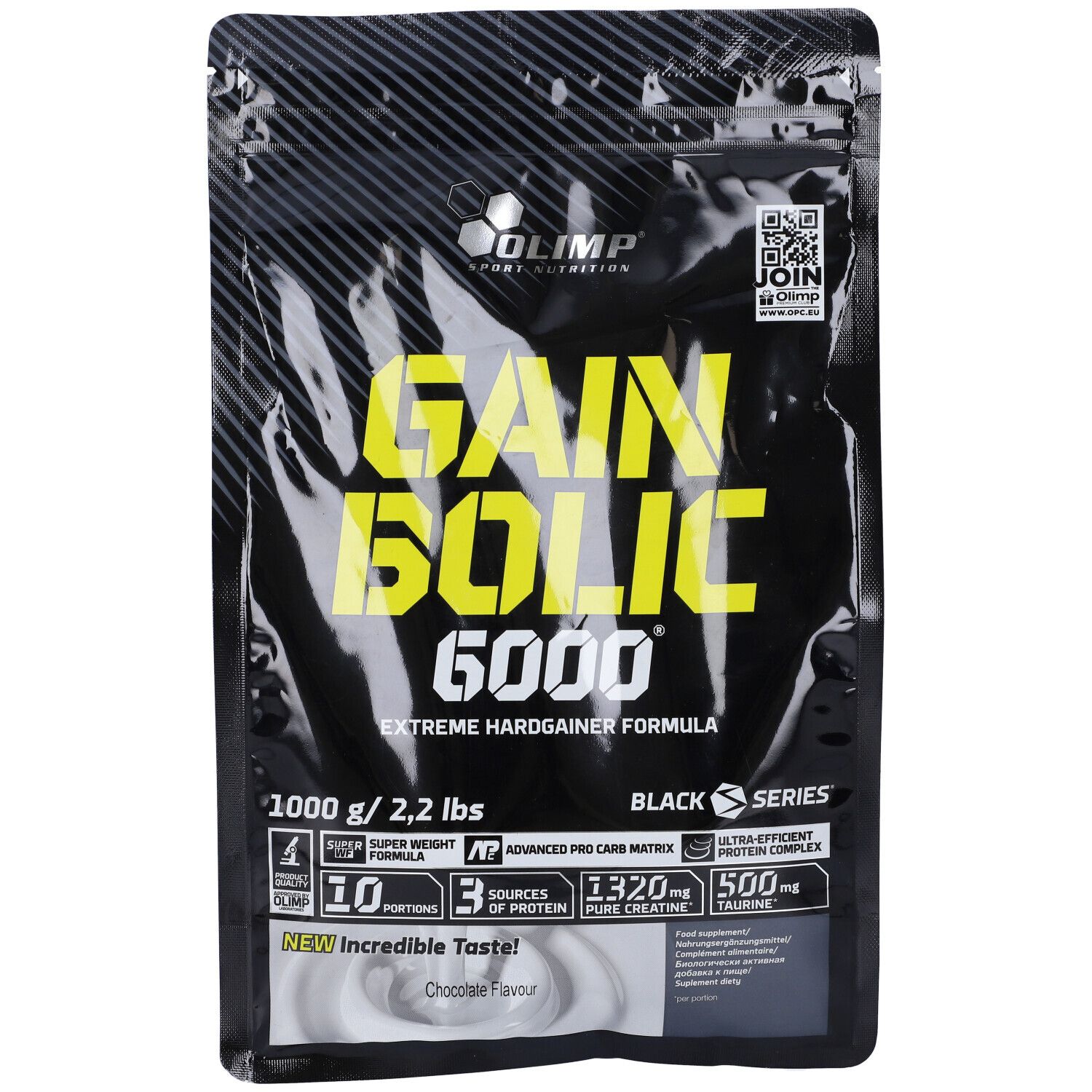 Schwarzer Beutel mit gelbem Text. "Gain Bolic 6000" und "Chocolate flavour" sind sichtbar. 1000 g / 2,2 lbs.