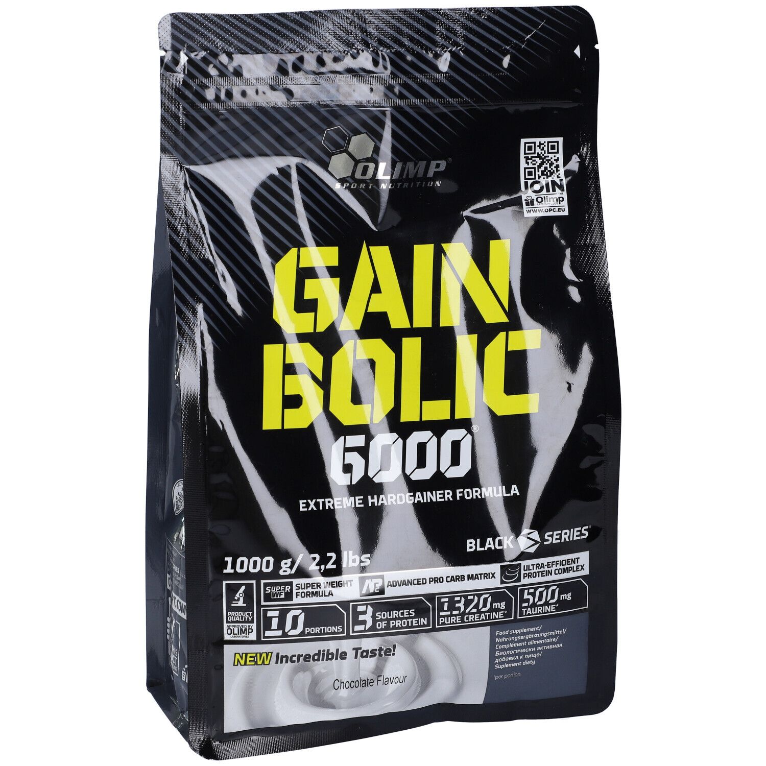 Schwarzer Beutel mit gelbem Text. "Gain Bolic 6000" und "Chocolate flavour" sind sichtbar. 1000 g / 2,2 lbs.