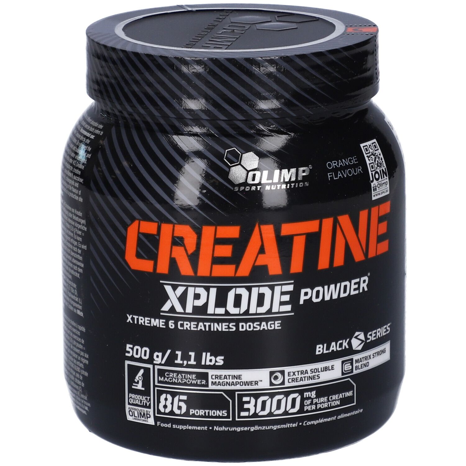 Olimp Creatine Xplode Pulver, 500g Orange Geschmack. Schwarze Dose mit orangefarbener Schrift.