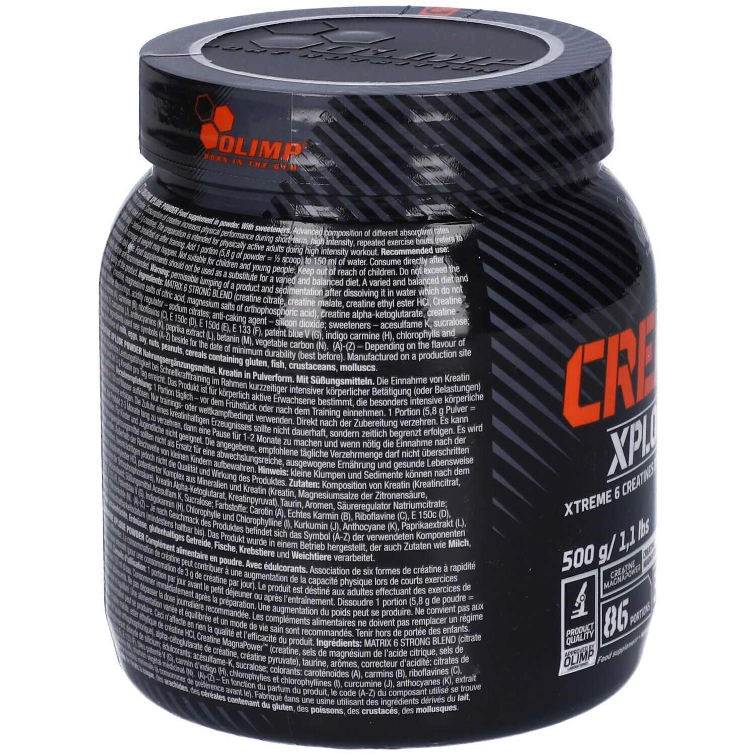 Olimp Creatine Xplode Pulver, 500g. Rückseite der Dose mit Nährwertangaben und Inhaltsstoffen.
