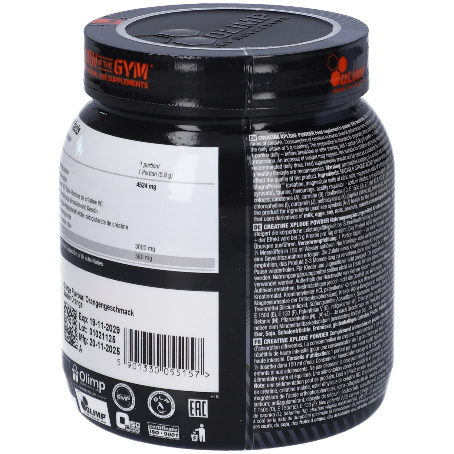 Olimp Creatine Xplode Pulver, 500g. Seitenansicht mit Nährwertangaben und Haltbarkeitsdatum.