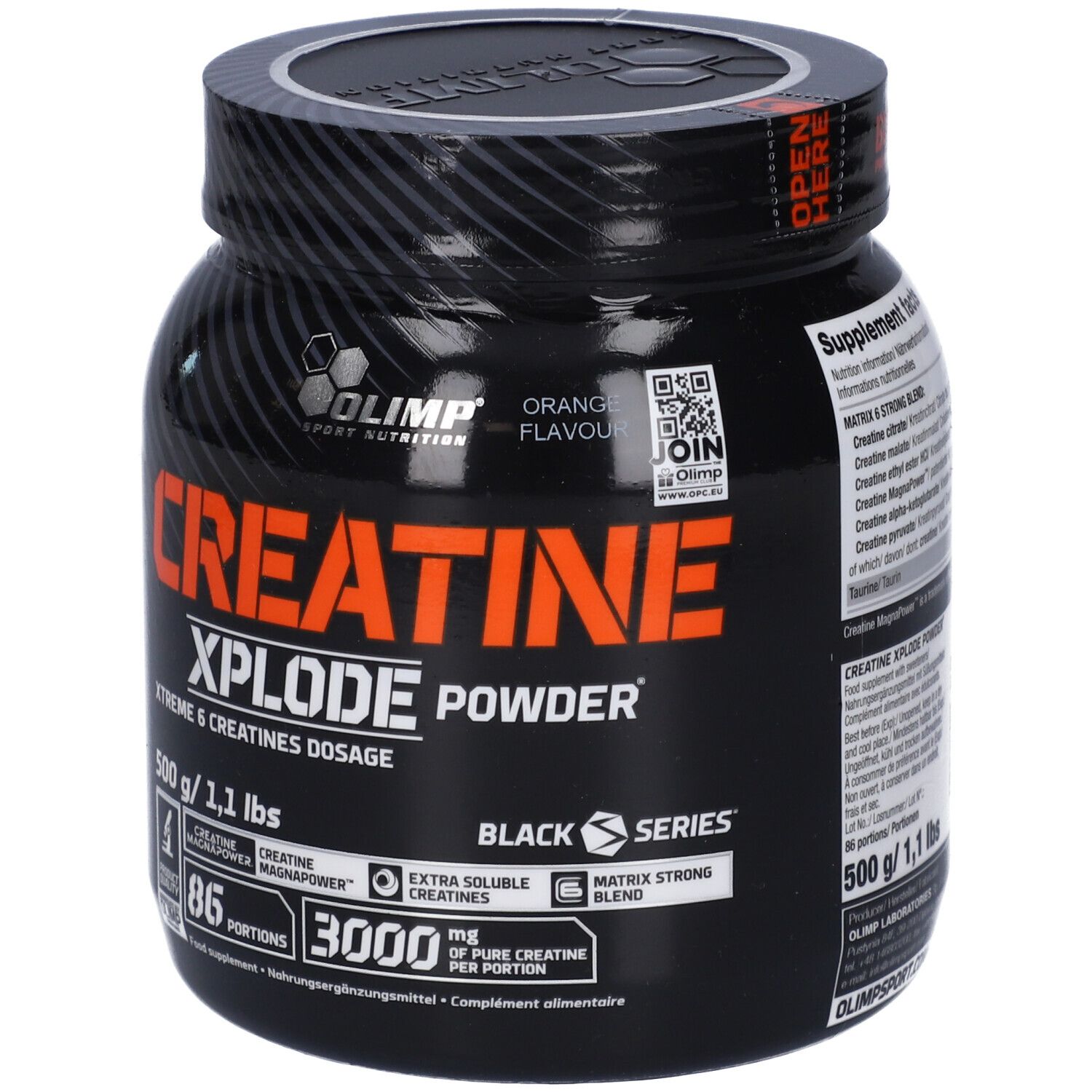 Olimp Creatine Xplode Pulver, 500g Orange. Dose mit Aufdruck 'Born in the Gym'.