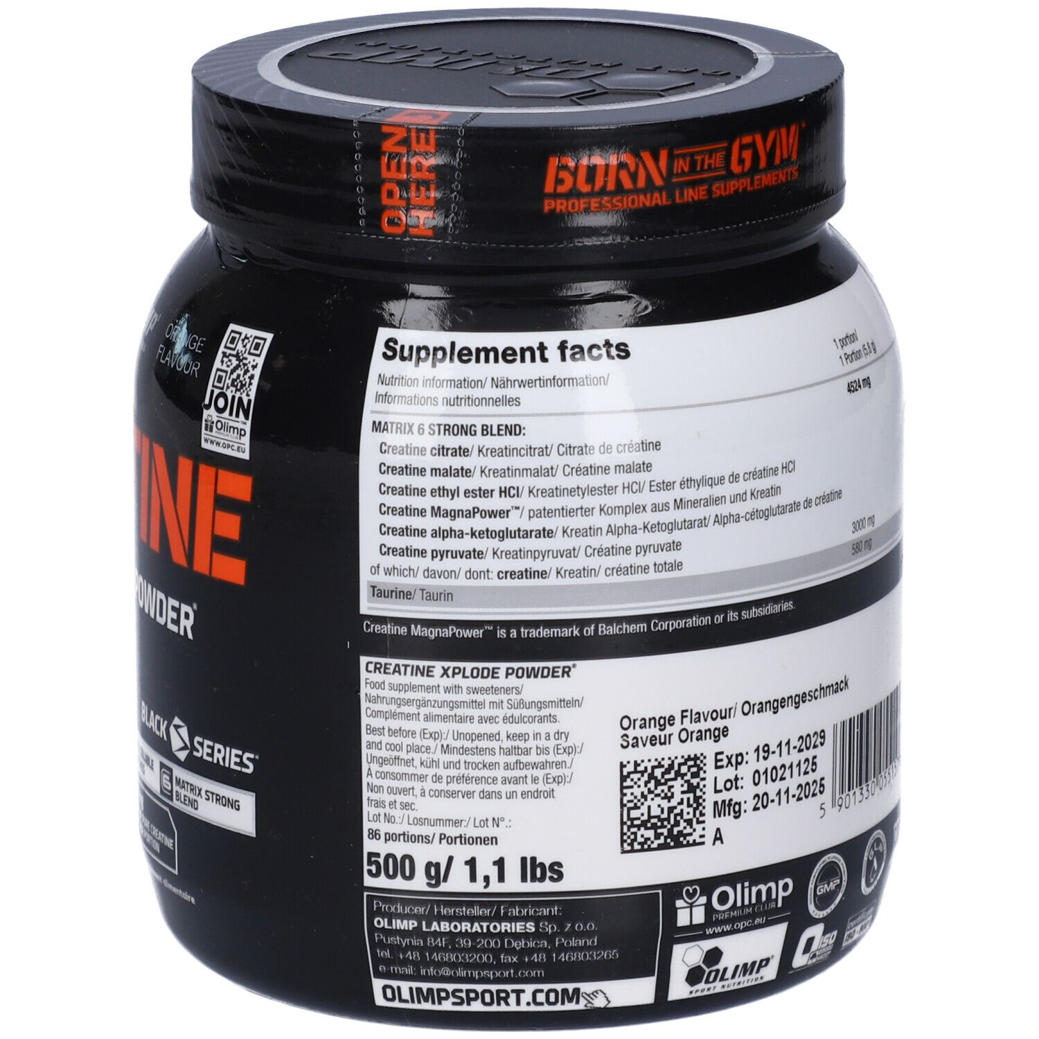 Olimp Creatine Xplode Pulver, 500g. Detailansicht der Nährwerttabelle und Inhaltsstoffe.