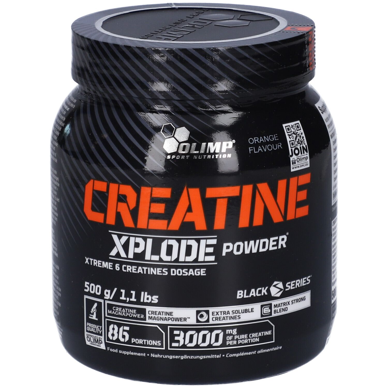 Olimp Creatine Xplode Pulver, 500g. Dose mit Aufdruck 'Black Series' und 'Xtreme 6 Creatines Dosage'.