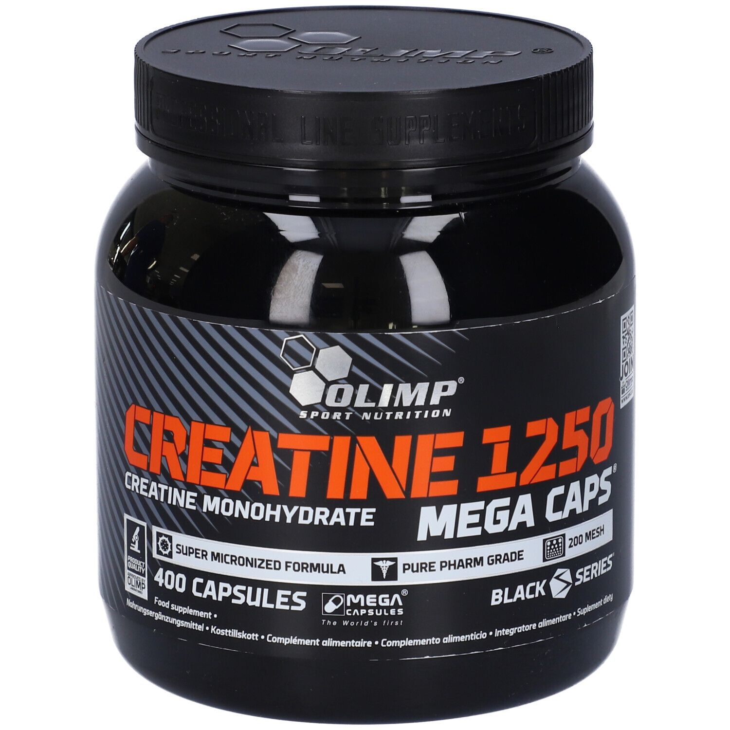 Schwarze Dose mit Aufschrift 'Creatine 1250 Mega Caps'. Enthält 400 Kapseln. Marke: Olimp.