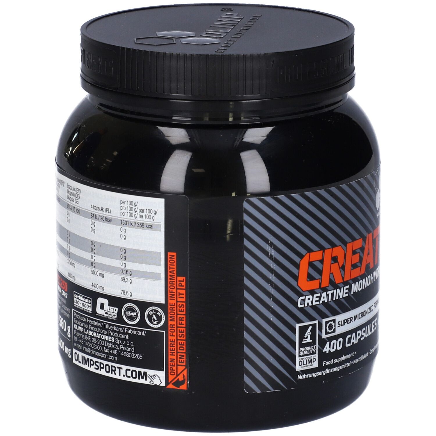 Schwarze Dose mit Nährwertangaben und 'Creatine 1250 Mega Caps'. Marke: Olimp. Enthält 400 Kapseln.