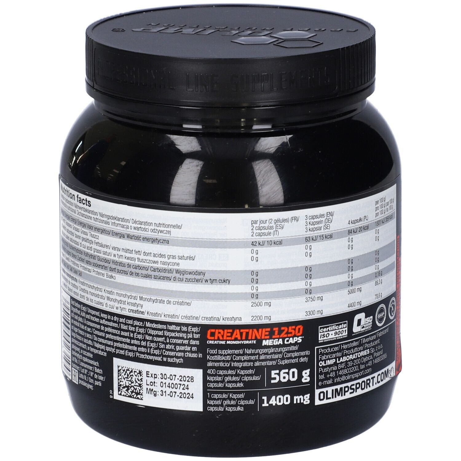 Schwarze Dose mit Nährwertangaben und 'Creatine 1250 Mega Caps'. Marke: Olimp. Enthält 400 Kapseln.