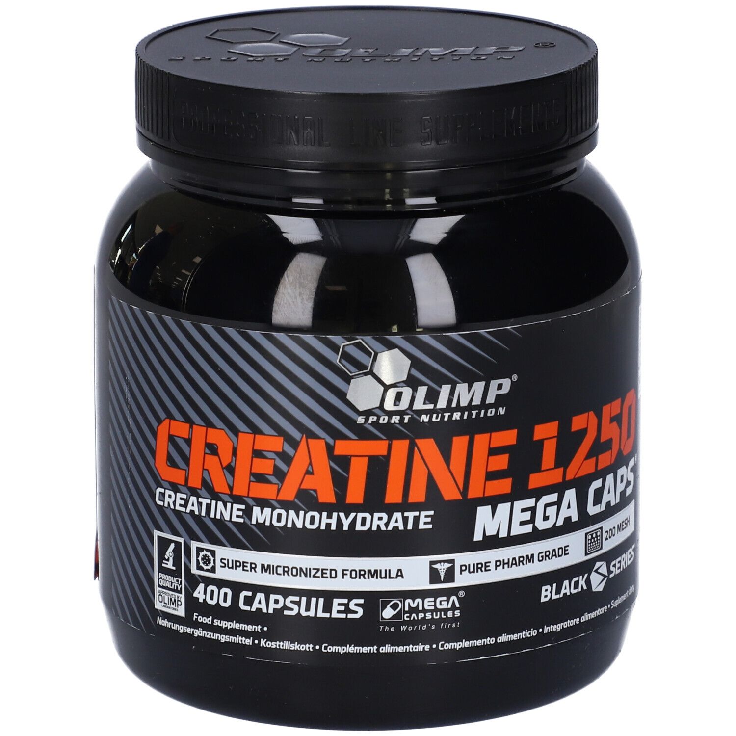 Schwarze Dose mit Aufschrift 'Creatine 1250 Mega Caps'. Enthält 400 Kapseln. Marke: Olimp.
