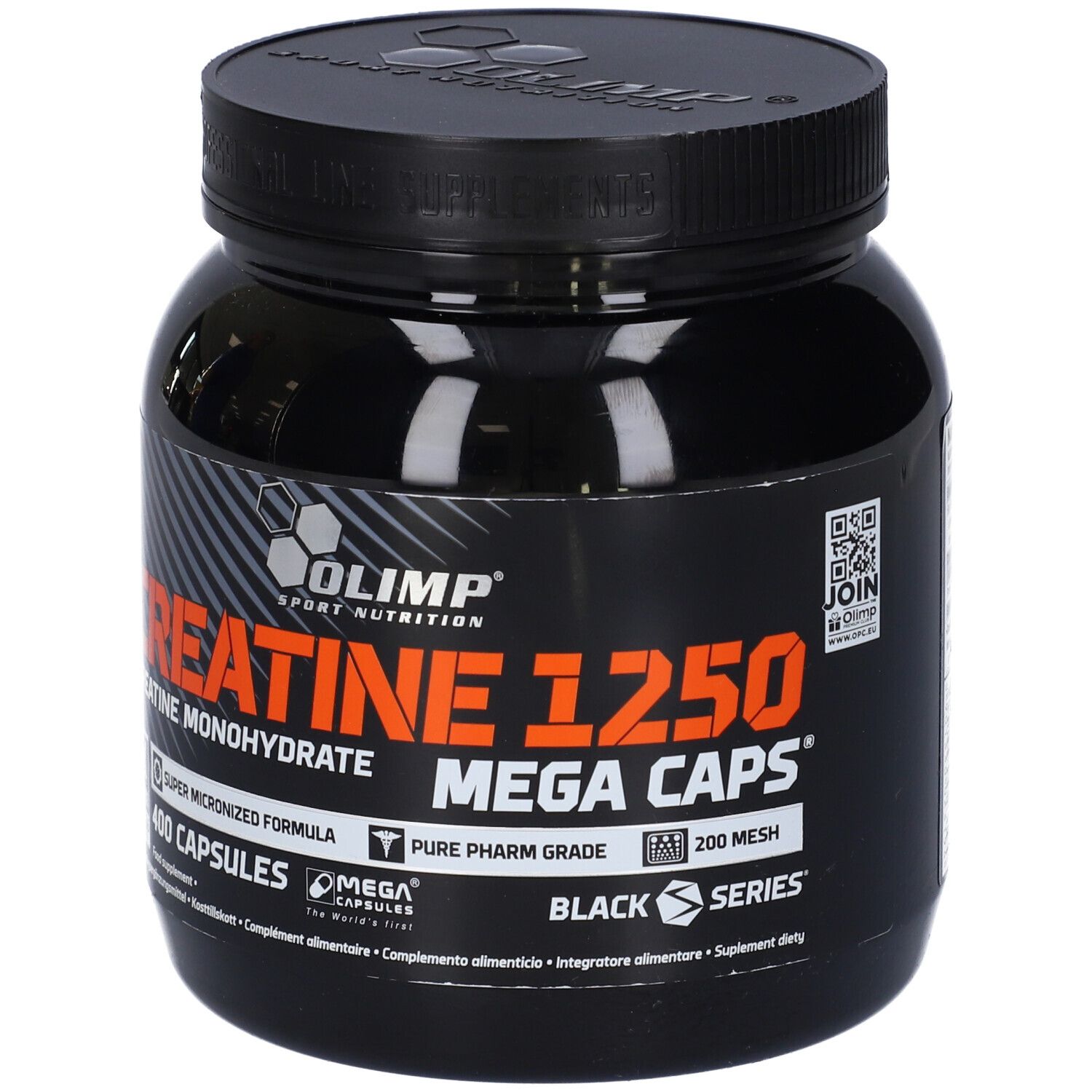 Schwarze Dose mit Aufschrift 'Creatine 1250 Mega Caps'. Enthält 400 Kapseln. Marke: Olimp.