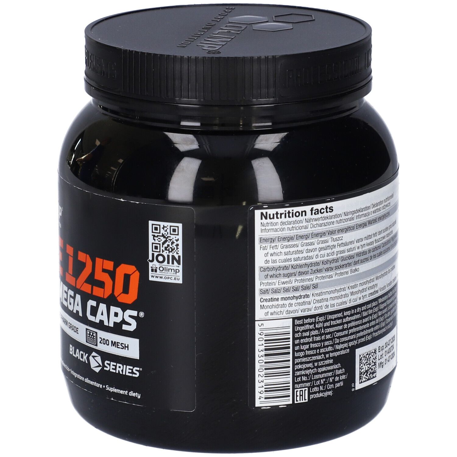 Schwarze Dose mit 'Creatine 1250 Mega Caps' und Nährwertangaben. Marke: Olimp. 400 Kapseln.