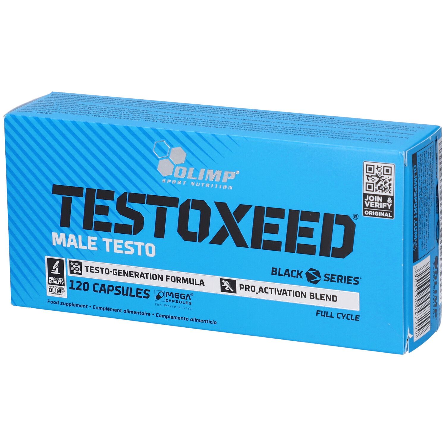 Blaue Schachtel mit "TESTOXEED"-Schriftzug. Enthält 120 Kapseln. Marke: Olimp.