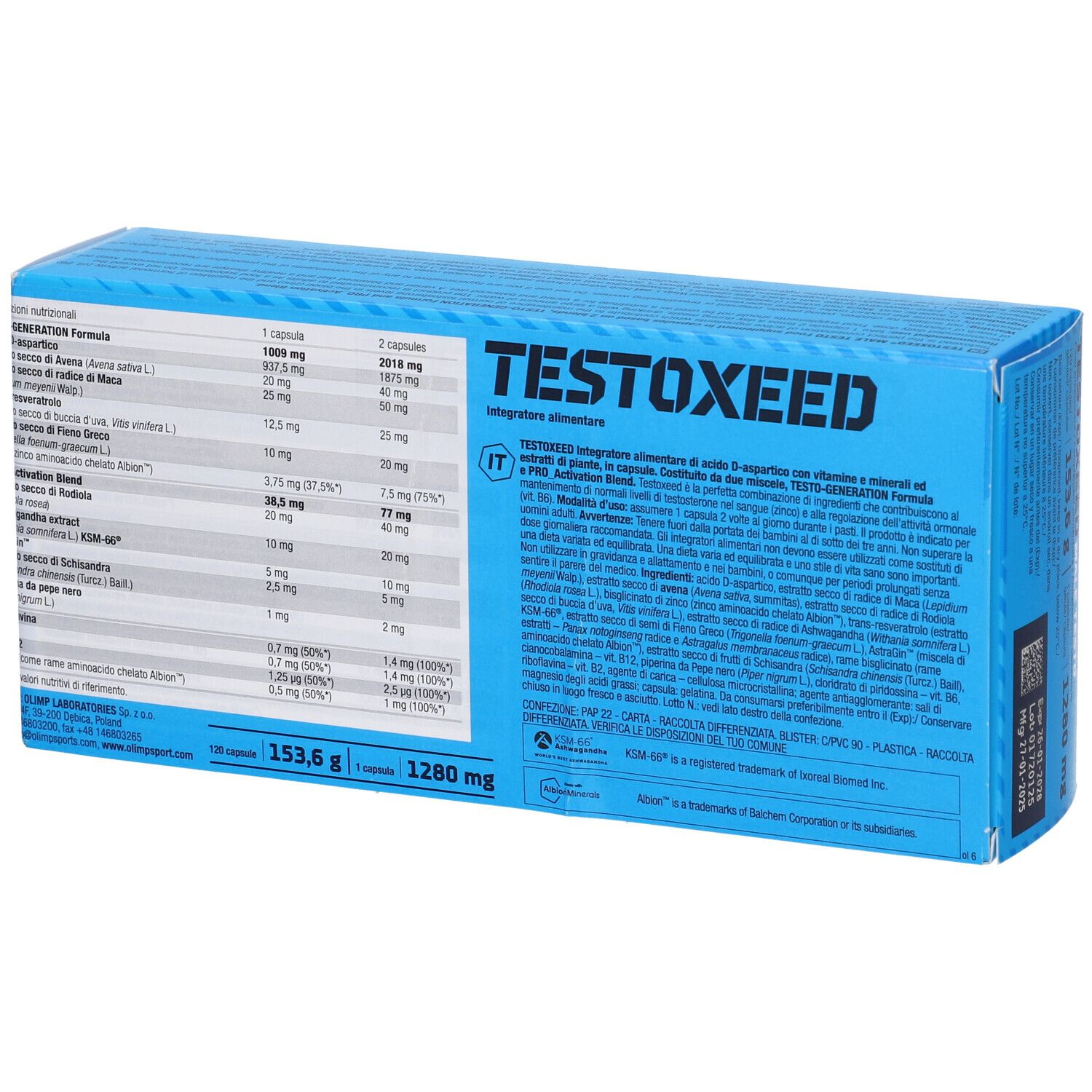 Blaue Schachtel mit "TESTOXEED"-Schriftzug. Rückseite mit Inhaltsangaben und Nährwerttabelle.