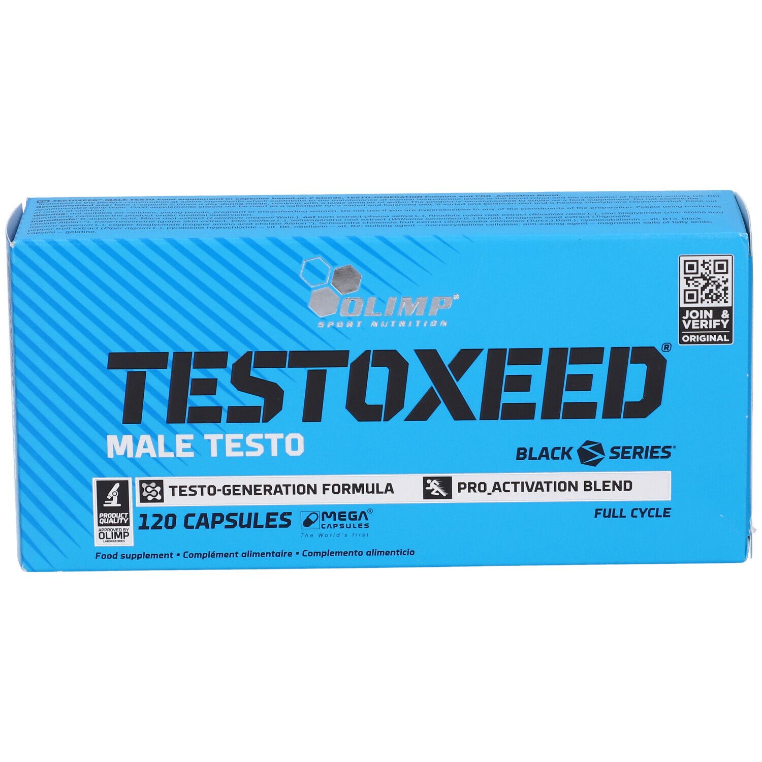 Blaue Schachtel mit "TESTOXEED"-Schriftzug. Enthält 120 Kapseln. Marke: Olimp.