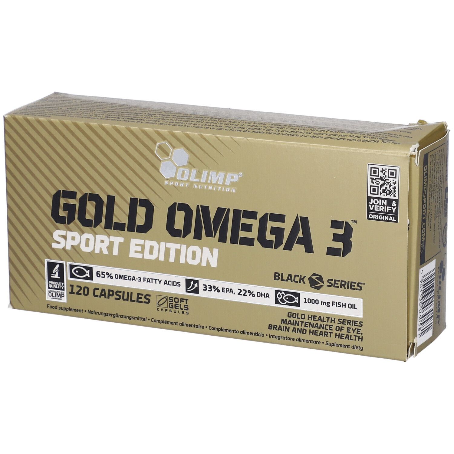 Gold Omega 3 Sport Edition-Verpackung. Enthält 120 Kapseln. Aufschrift: 65% Omega-3-Fettsäuren, 33% EPA, 22% DHA.